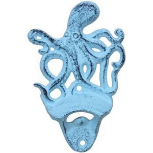 Hampton Nautical Dark Blue Whitewashed Cast Iron Wall Mounted Octopus Bottle Opener