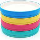 Elk and Friends Kids 7.8 Porcelain White Plates with Silicone Sleeves | Suitable for Babies/Toddlers | Microwave & Dishwasher Safe | Non Slip Dinnerware | Snack Dishes | 4 Pack (Pink/Teal/Blue/Yellow)
