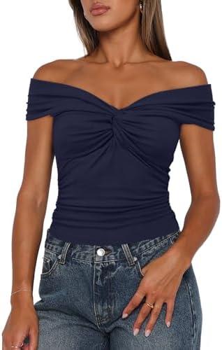 Darong Women Summer Twist Knot Front Off The Shoulder Tank Tops Cap Sleeve Going Out Shirts Slim Fitted Y2K Outfits, Medium