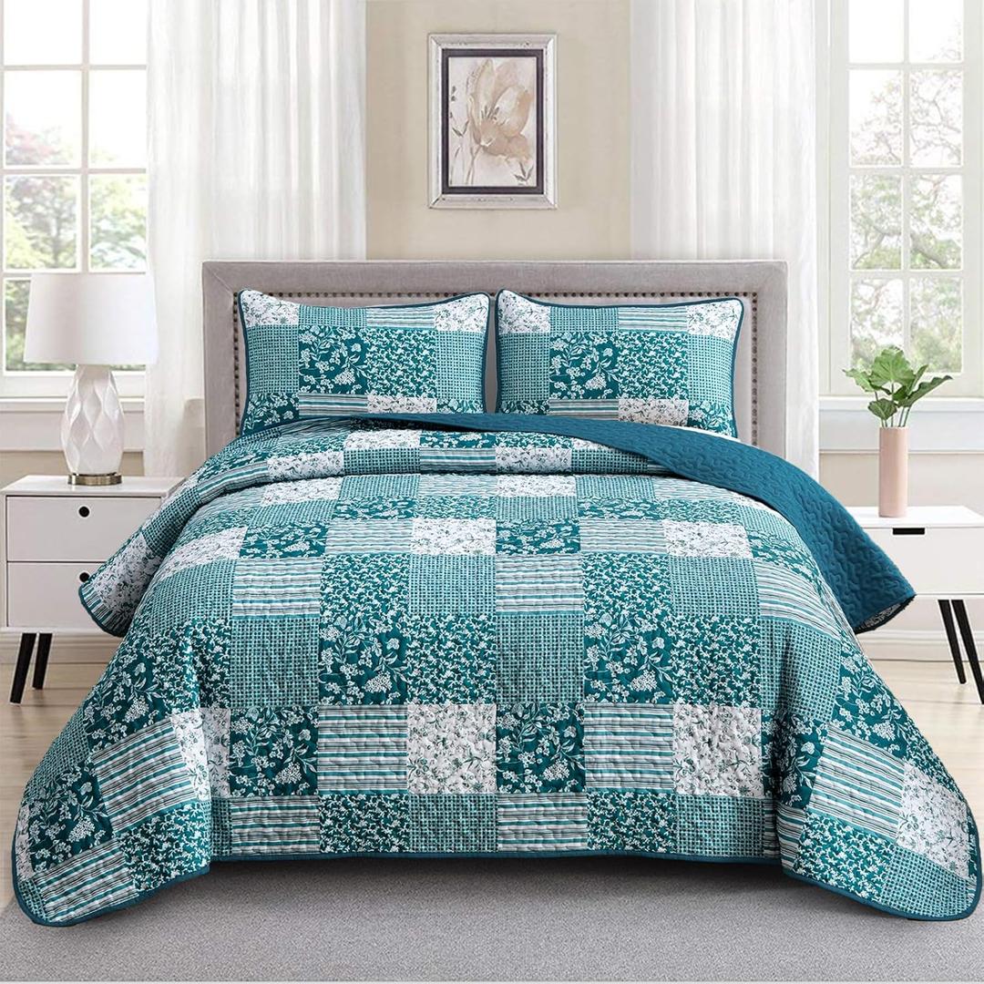 Mybedsoul Teal Blue Quilt Set King Size 3 Pieces Boho Plaid Turquoise Floral Bedspread Set Microfiber Lightweight Bohemian Bedding Bedspread Coverlet Set for All Season 90"x104"