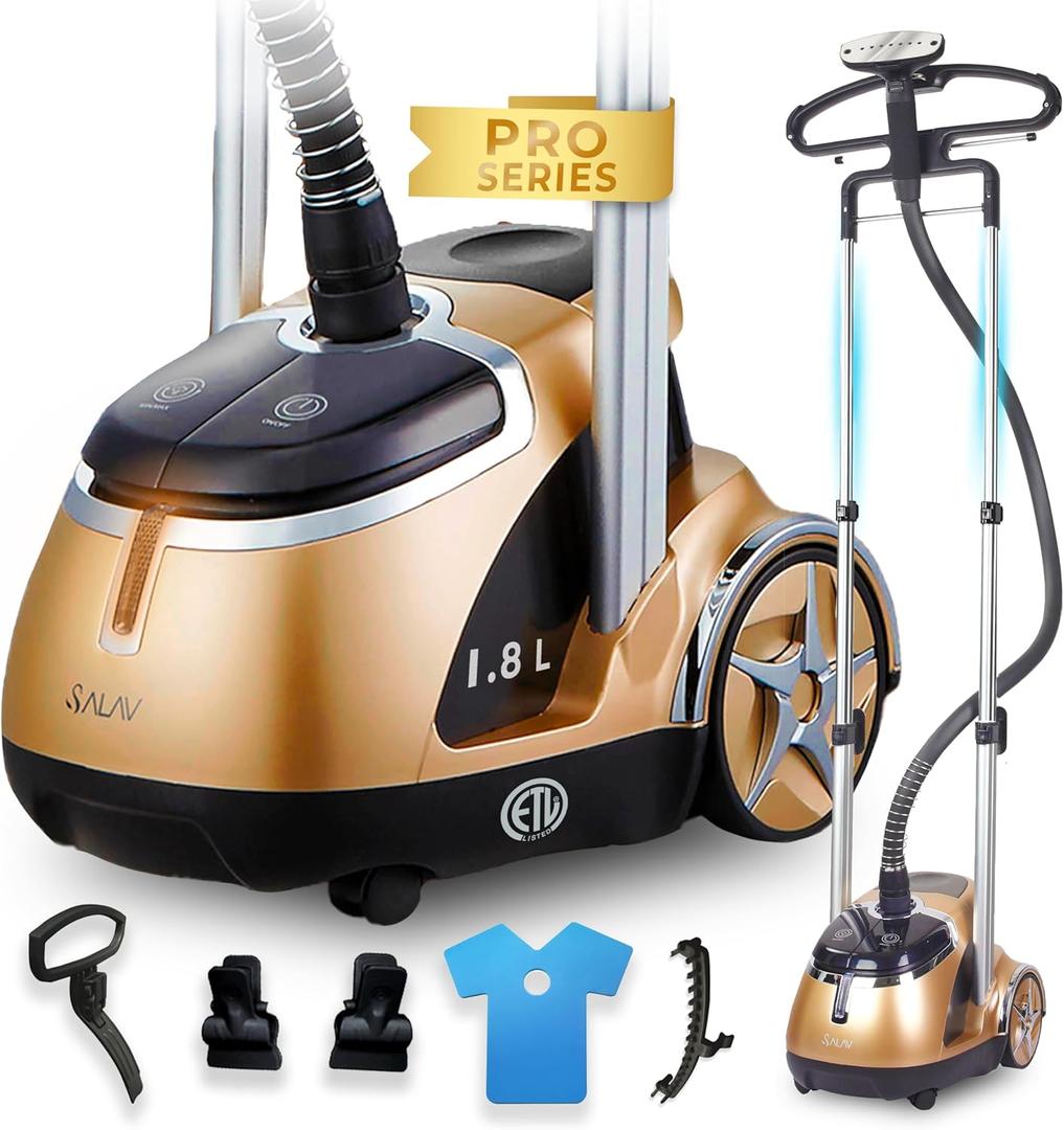 SALAV Limited Edition Professional Series Dual Bar Garment Steamer with Foot Pedals, Stainless Steel Steam Plate, Retractable Power Cord, 1.8L (60.8 oz) Water Tank, 1500 watts, 60+mins of Steam (Gold)