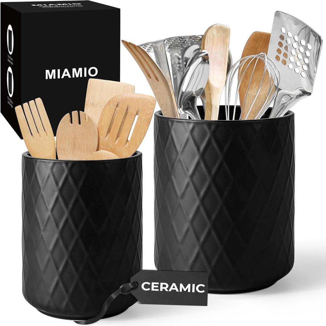 MIAMIO  Kitchen Utensil Holder Ceramic/Kitchen Organizer Set, Farmhouse Decor for Organizing Countertop and Storing Cutlery, Cooking Spoons, and Accessories - Palmanova Collection (Black)