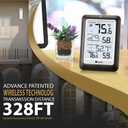 Indoor Outdoor Thermometer Wireless Weather Station, Temperature Humidity Monitor Battery Powered Inside Outside Thermometers with 330ft Range Remote Sensor and Backlight Display, Metal Black