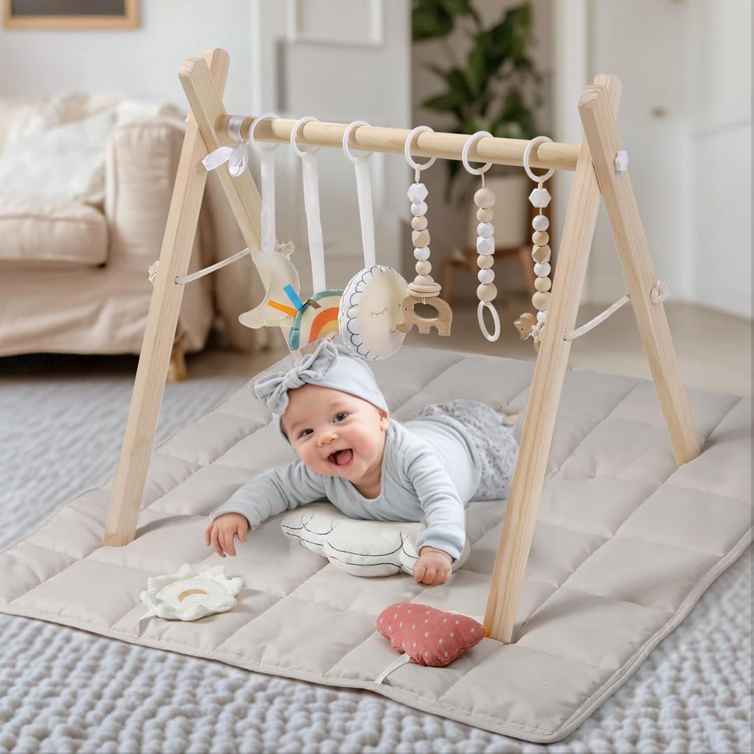 Wooden Play Gym with Beige Mat, Foldable Baby Play Gym, Infant Activity Mat with 6 Hanging Toys, Natural Pine Wood Frame Activity Center, Easy to Assemble & Clean, Newborn Present for Boys & Girls.