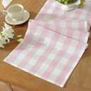 Laolitou Spring Pink Checkered Table Runner, Cotton Linen Gingham Table Runners, Classic Buffalo Plaid Farmhouse Table Decor, 13x108 Inches
