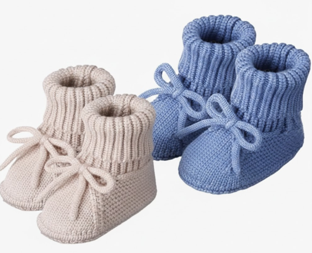 Evervibe 2 Pairs Knitted Baby Booties 0-6 Months Newborn Baby Shoes First Walkers Cozy Shoes for Infant Girl Boy, (White, Mika, Denim Blue, Classic)