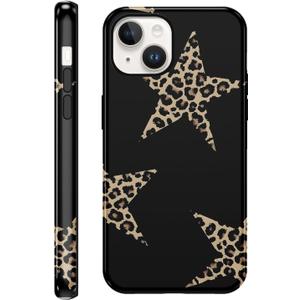 Cute Y2K Star Phone Case for iPhone 13 / iPhone 14 Cheetah Print Black Case 6.1", Aesthetic Cool Leopard Pattern 2-in-1 Glossy Cover Shockproof Slim TPU Hard PC Protection Girls Women Funda