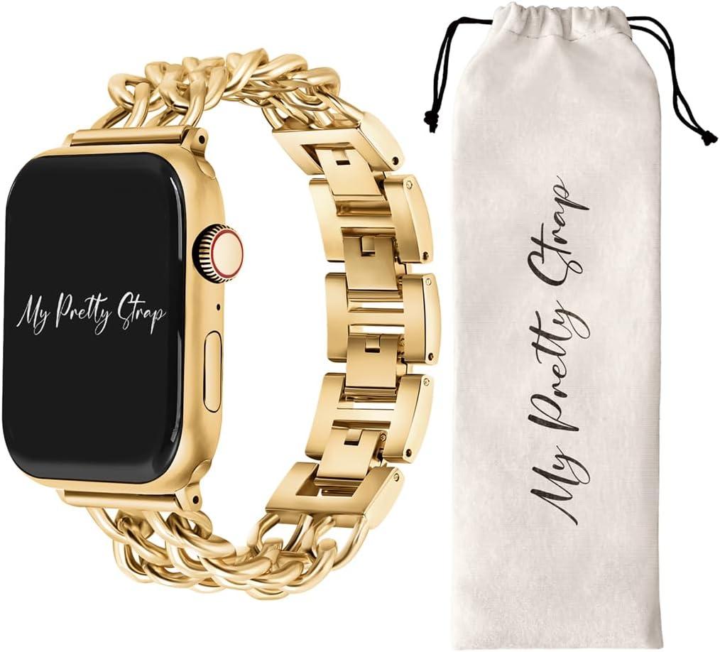 My Pretty Strap - Compatible Apple Watch Band Strap, Stainless Steel Fashion iWatch Replacement Strap- Easy Resizing, No Tool Needed, Fits Most Wrists- Compatible with Series 1-11, SE and Ultra (Double Chain Gold)