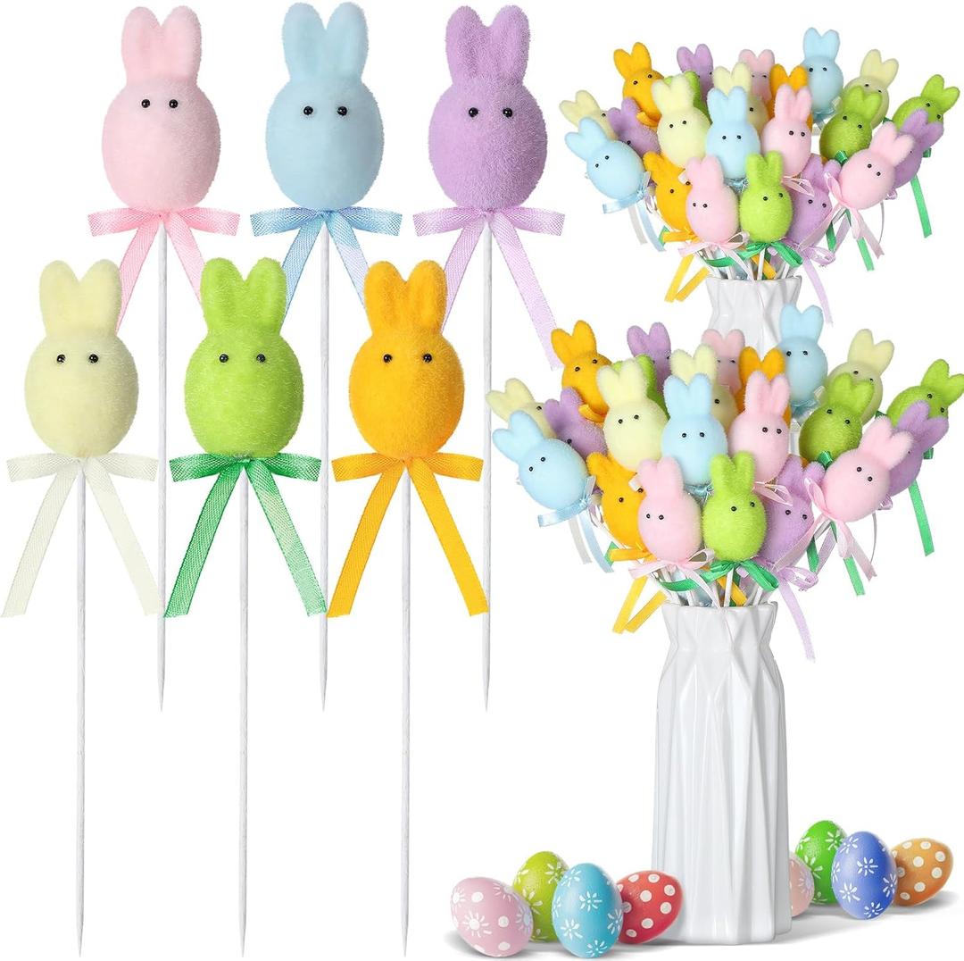FineCheer 24 Pcs Easter Bunny Picks Faux Foam Easter Egg Picks Decorative Mini Pastel Egg Stems 7" Tall for Spring Basket Bouquets Floral Arrangement Centerpiece Wreath Party Decorations