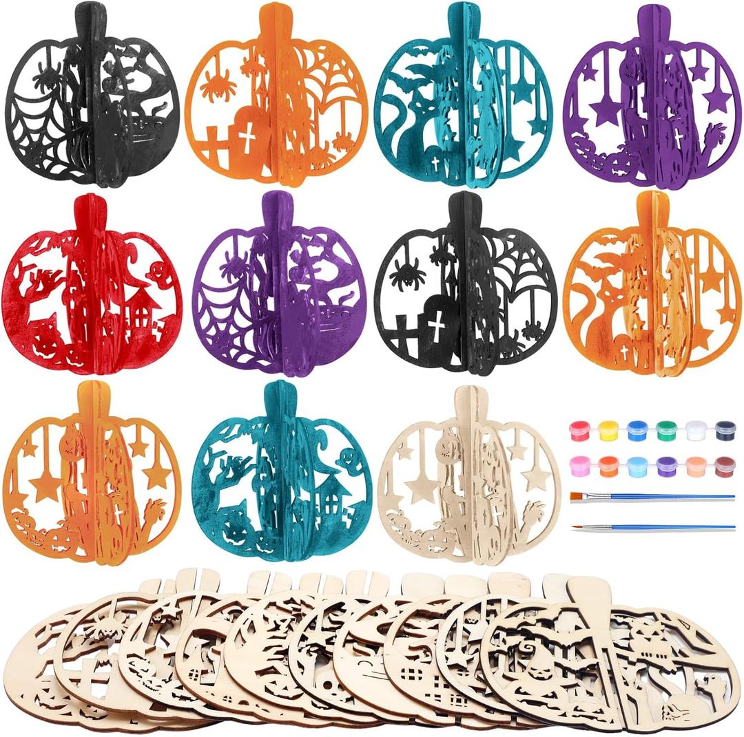 Yousoontic 10 Sets Halloween Wooden Crafts Kits Pumpkin DIY Unfinished Wooden Slices 3D Coloring Blank Wood Cutouts Table Decorations with Oil Paint for Halloween Classroom Arts