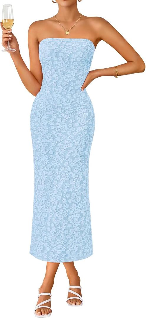 ZESICA Women's 2026 Summer Floral Strapless Bodycon Midi Dress Off Shoulder Beach Formal Cocktail Wedding Guest Long Dresses (Blue, S)