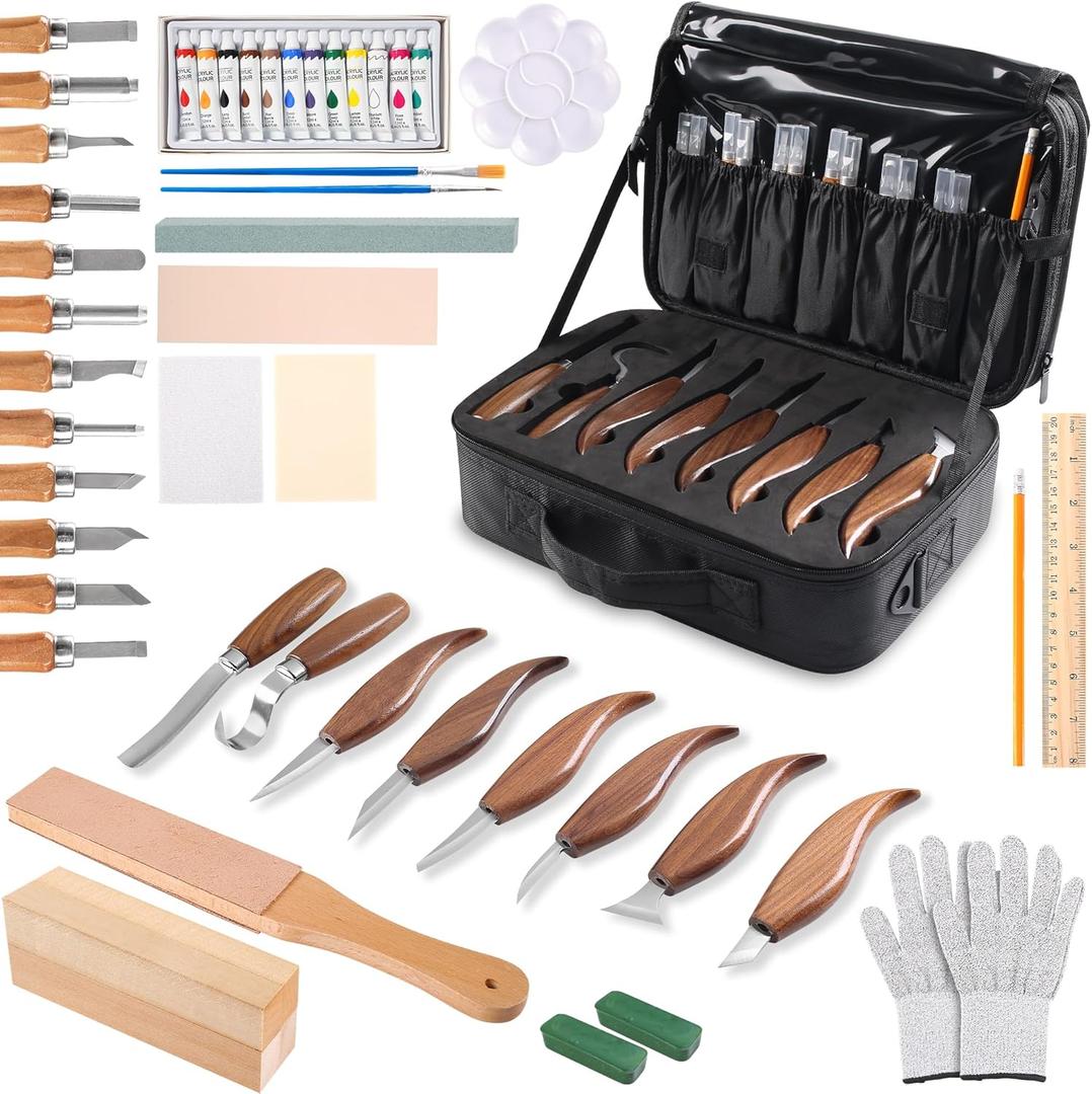 UBALANCE Wood Carving Tools Kit - 38Pcs Whittling Chisel Knife, Basswood Blocks, Gloves, Leather Strap, Strop Block, Sharpener, Ruler, Pencil, Paint Set, Zipper Bag for Beginners Hobbies (Black)