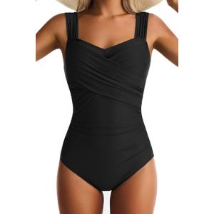 One Piece Swimsuit for Women Tummy Control Wide Straps Bathing Suits Full Coverage Swim Suit Color Block Swimwear (Black, M)