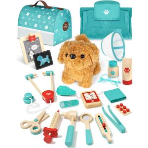 Lehoo Castle Wooden Doctor Kit for Kids, Vet Play Sets, Veterinarian Kit Pretend Play Doctor Set with Dog Bag, Medical Kits Doctor Toys Gift for Boys Girls Aged 3 4 5