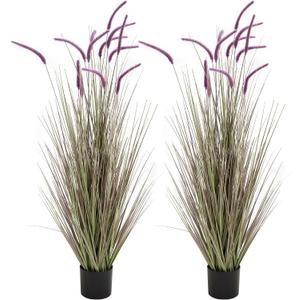 KOL Artificial 5ft 2-Pack Horsetail Reed Grass, 59in Tall Artificial Indoor Outdoor Fake Grass Plant, Home Office Décor Artificial Plants in Pot Faux Plant Greenery, Wedding Decor, Purple