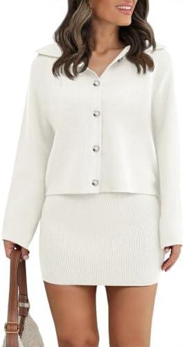 Saodimallsu Womens 2 Piece Sweater Skirt Sets Long Sleeve Collared Button Cardigan Knit Mini Skirt Two Piece Fall Outfits, Size: S
