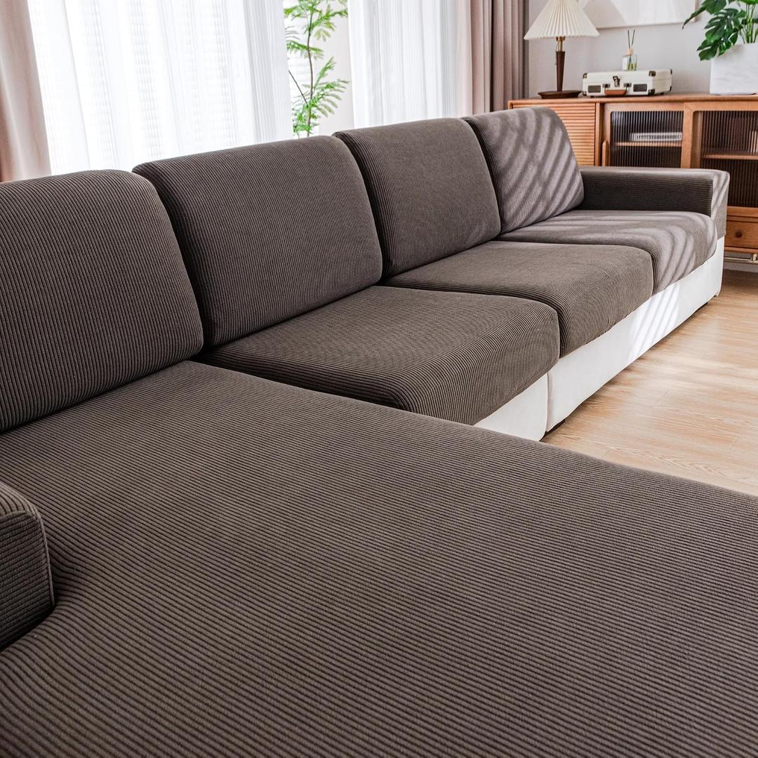 QIANMEW Couch Cushion Covers, Comfort Soft Magic Sofa Covers Washable Stretch Resistant Slipcovers for Sectional and L Shaped Seats Furniture Protectors for Pets (1PC Chaise Cover, Brown)