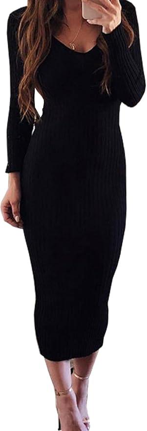 Women Sexy V Neck Long Sleeve Solid Bodycon Midi Dress M