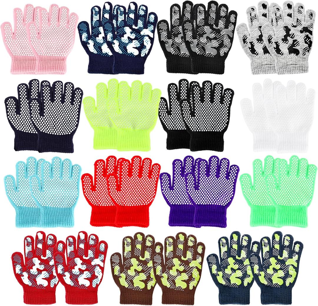 15 Pairs Kids Anti-Skid Gloves Winter Full Fingers Gloves Camouflage Knit Glove Stretch Warm Glove with Grips for Boys Girls Winter Sports Activities