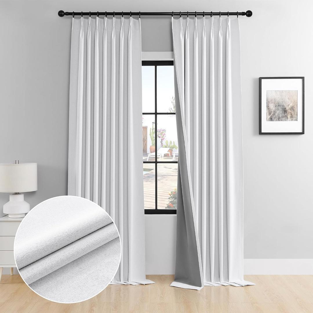 Cniuyhi White Linen Textured Pinch Pleated Curtains 84 Inch Length Full Blackout Back Tab Curtains, Energy Saving Patio Door Pleated Drapes with Hooks for Bedroom Living Room, 50" x 84", 1 Panel