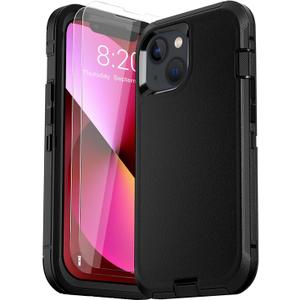 for iPhone 13 Case (6.1"), with 2 Tempered Glass Screen Protector [Heavy Duty Military-Grade Full Body Drop Protection] Shockproof Tough Durable 6.1 InchBlack