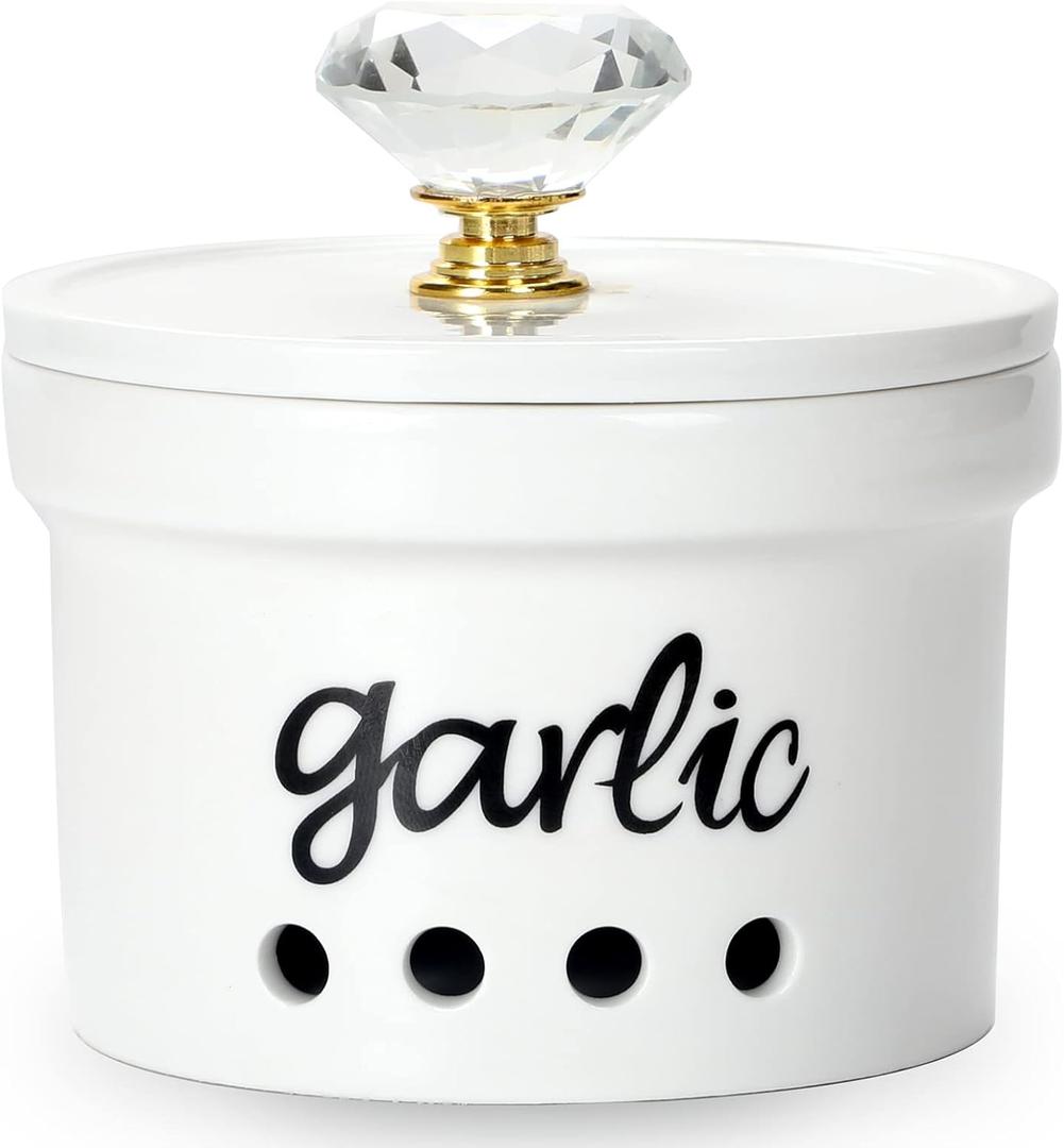 HAOTOP Garlic Keeper with Crystal Lid, 12.5 oz Ceramic Garlic Saver Container for Countertop, Farmhouse Kitchen Decor (Gold)