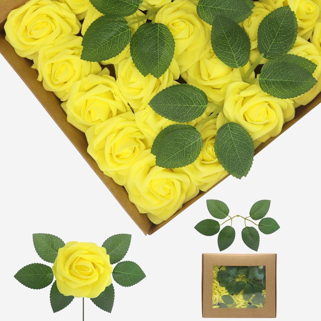 25Pcs Yellow Artificial Flowers Real Looking Foam Fake Roses, Wedding Flowers Combo for Wedding Bouquets Centerpieces Flower Arrangements Decorations (Yellow, 25)