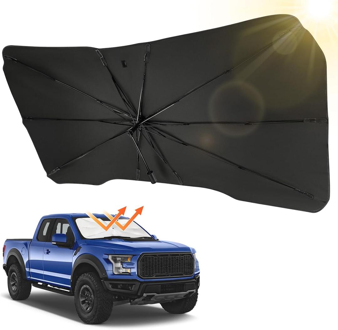 JOYTUTUS Windshield Sun Shade Umbrella, Fit for Ford 2015-2025 F150 F250 F350, with 360 Rotation Bendable Shaft, Titanium Silver Coating for UV Ray Block, Car Front Window Sun Shade Keep the Car Cool