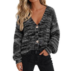 PRETTYGARDEN Womens Cardigan Sweaters Fall Fashion 2026 Striped Long Sleeve Button V Neck Knit Fuzzy Outerwear Winter Clothes (L)