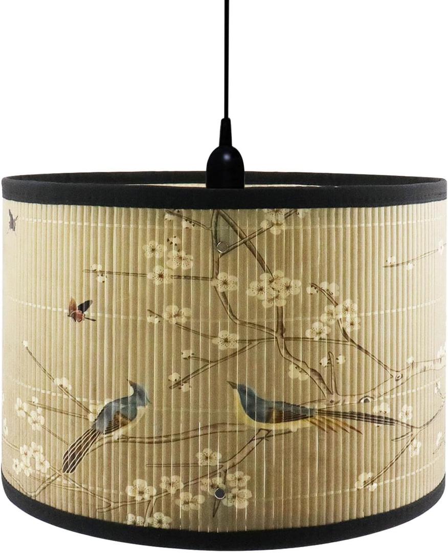 Crapyt E27 Round Removable Lamp Shades, 11.8"  11.8"  7.87" Wood Lampshade with Plant and Bird Print, Ink-wash Painting Pattern for Table/Floor/Ceiling/Wall LampPattern 1
