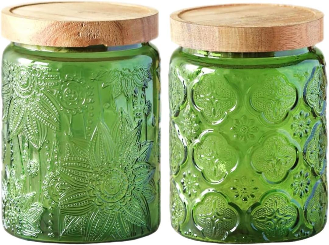 Vintage Glass Jars, 23.7 FL OZ Airtight Glass Storage with Acacia Lid, Food Containers for Kitchen - Ideal for Tea, Coffee, Sugar, Candy, Cookies, Spices - Home Decorative Jar (Green 2Pack)