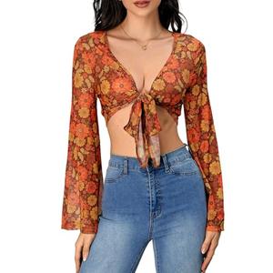 Verdusa Women's Boho 70s Tops Tie Front Bell Long Sleeve Floral Print Mesh Sheer Blouse Crop Tops Orange Yellow, XS