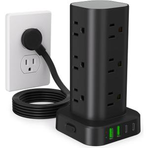 Power Strip Tower with Multiple Outlets, Flat Plug Surge Protector Tower Extension Cord with 12 AC Outlets 4 USB Ports (2 USB C), 6FT Cord Power Tower Surge Protector for Home Office Dorm Room, Black