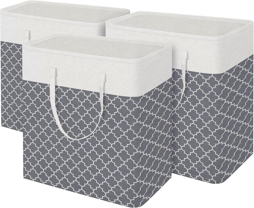 BlissTotes 3-Pack Laundry Basket, FreestandingWaterproof Laundry Hamper, Collapsible Tall Clothes Hamper with Easy Carry Handles for Clothes, Towels in the Family and Dorm,Clover Grey,100L