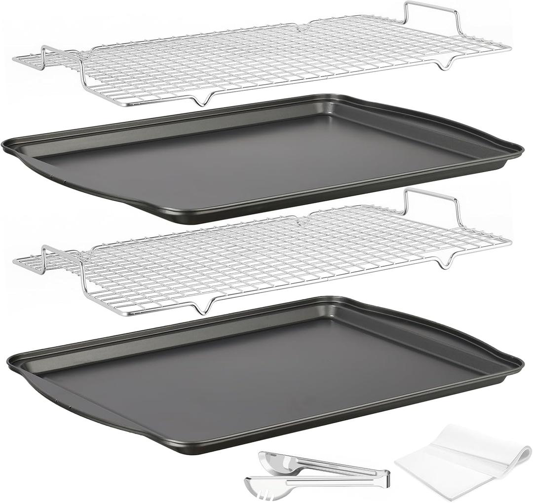 Baking Sheet with Rack Set, Carbon Steel Cookie Sheets for Baking, Multipurpose Cooking Sheet Pan, Cooling Rack, Nonstick Baking Pans, Dishwasher Safe, Size 17 x 12 x 0.8 Inches