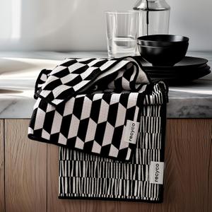 RECYCO Waffle Kitchen Towel Set of 2 - Quick Dry Microfiber Sustainable Dish Towels - Ultra Absorbent Reusable Cleaning Tea Towels - Lightweight Hand Towels,16x 28, Black & White Mirage