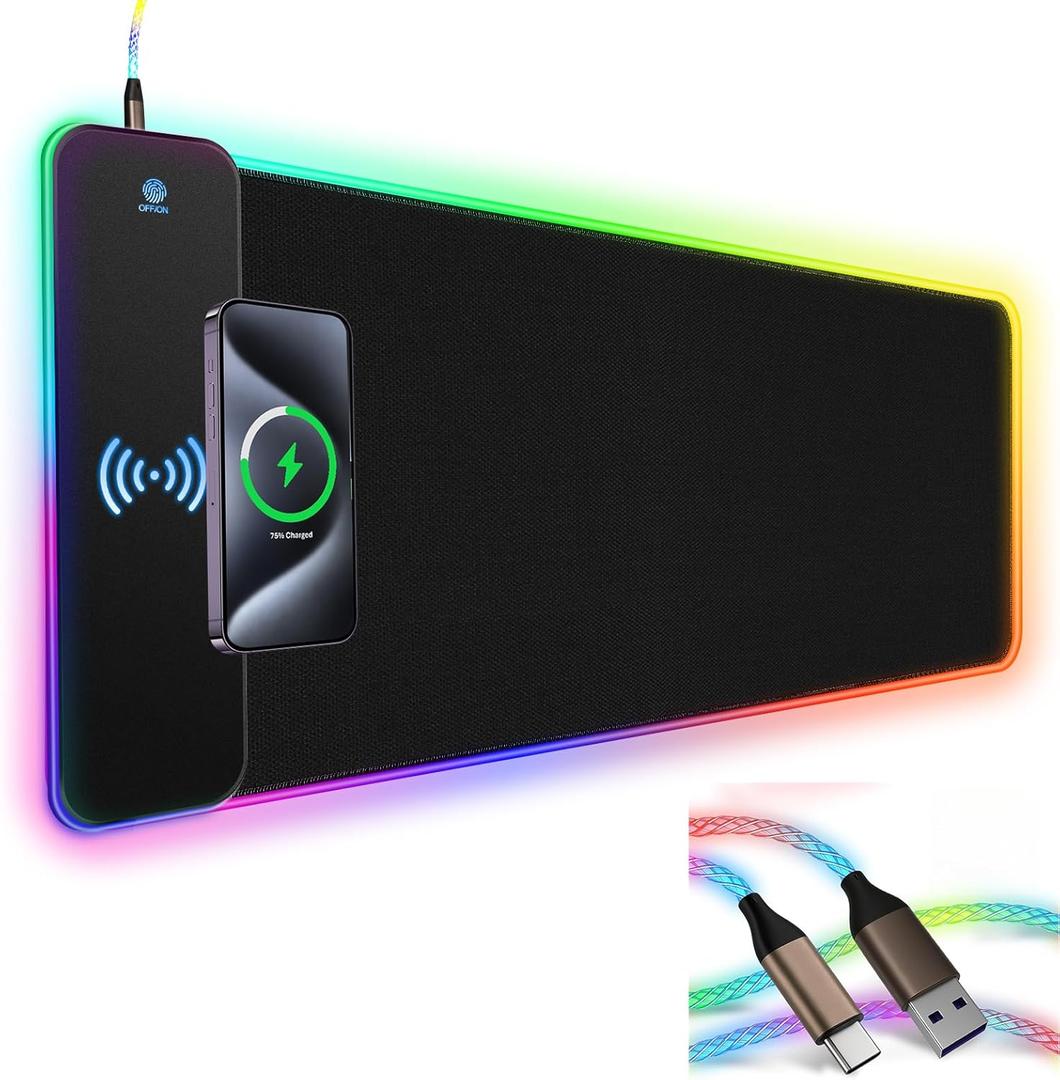 RGB Gaming Mouse Pad Wireless Charging 15W with LED Cable, XXL Large Mousepad 800x300x4mm with 13 Light Modes Non-Slip Rubber Base, Waterproof Computer Mat for Home Office Gaming Keyboard Desk Decor
