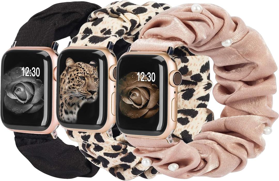 TOYOUTHS 3 Pack Compatible with Apple Watch Band Scrunchies Women 38/40/41/42mm Cute Stretchy Elastic Cloth Fabric Strap for iWatch Series 11 10 9 8 7 6 5 4 SE 3 2 1, Black/Leopard/Rose Gold, S