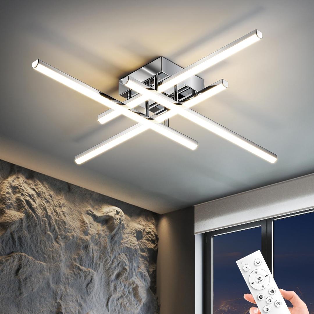 24in Modern LED Ceiling Light, 40W Dimmable with Remote Control Semi Flush Mount Ceiling Light Fixture, Chrome LED Ceiling Lamp for Bedroom Kitchen Living Room
