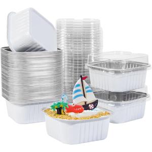 50 Pcs Mini Square Baking Cups with Lids,10oz Aluminum Foil Mini Cake Pans with Lids,Disposable Ramekins Cake Pans,300ml Dessert Cups Cupcake Pans for Wedding Birthday Party,White