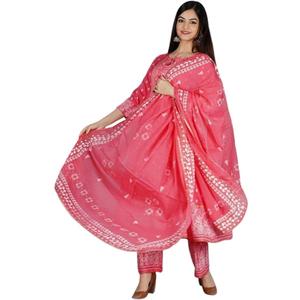 SAYANG Cotton Anarkali Indian Kurti for Women Summer Dress Kurta Pant with Dupatta Set (Purple, S)
