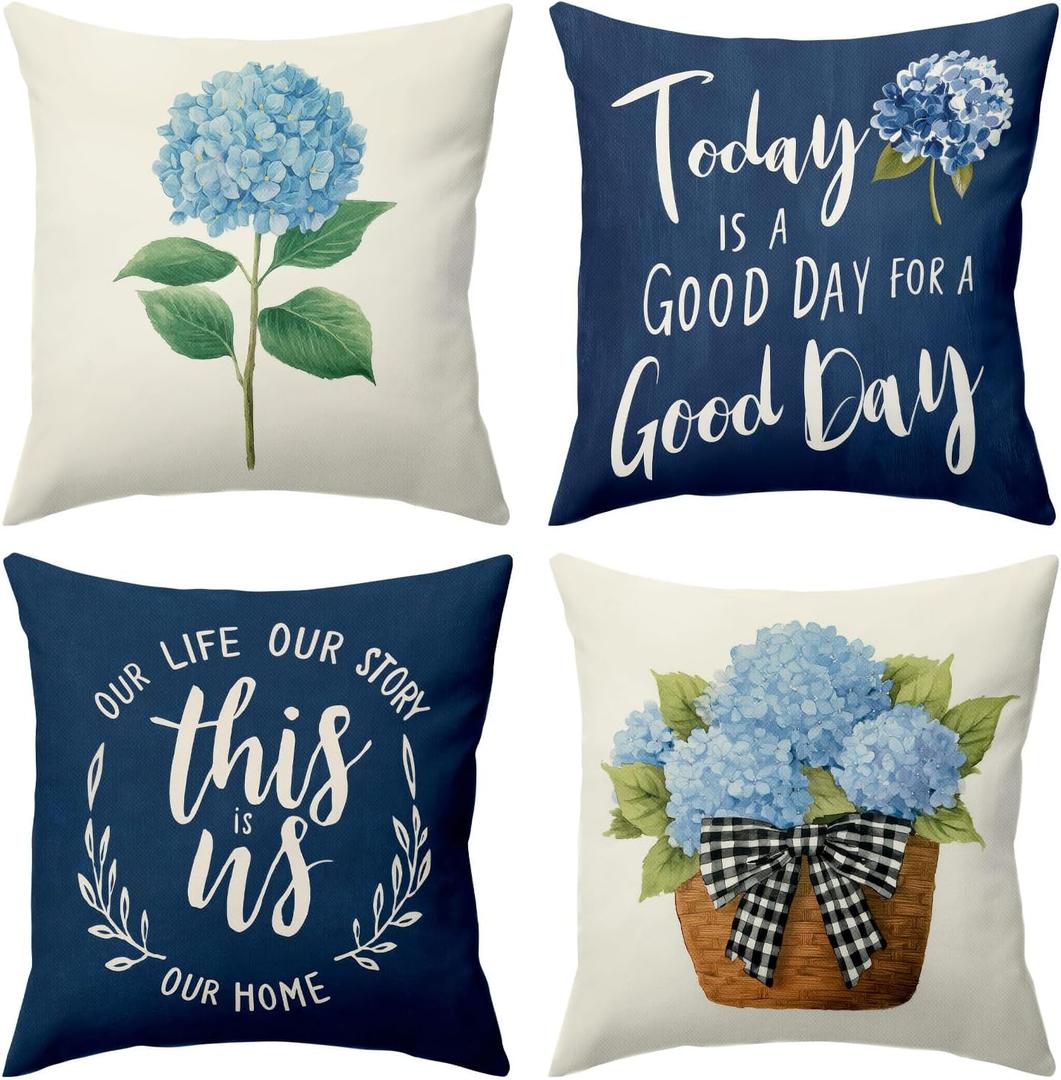 BBOLDIN Blue Hydrangea Throw Pillow Covers 18x18, Flower Flowal Square Pillow Cases Set of 4, Spring Summer Cushion Covers Decorations for Living Room Bedroom Farmhouse