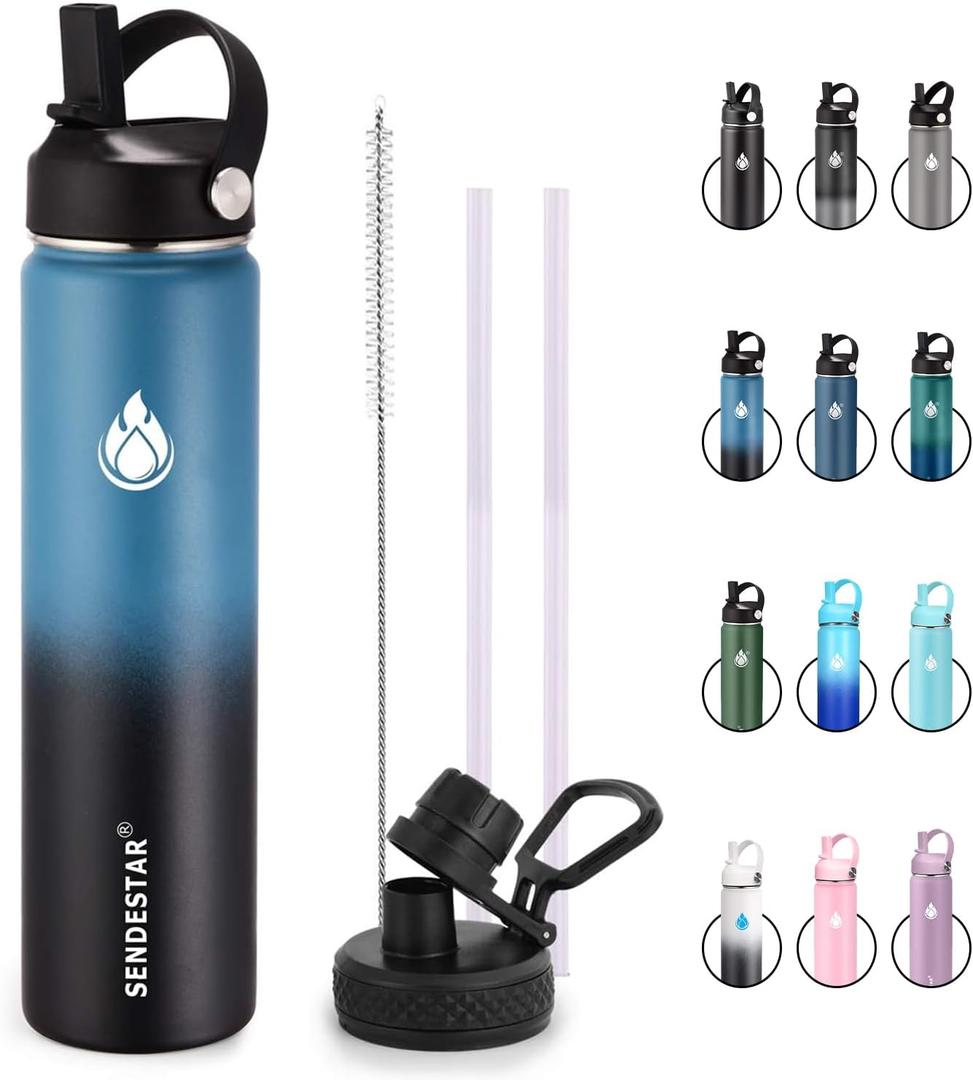 SENDESTAR Insulated Water Bottle 24 oz, Double Wall Vacuum Leak Proof Stainless Steel Sports Water BottleWide Mouth with New Flex Straw Lid & Spout Lid (Deep Blue&Black)