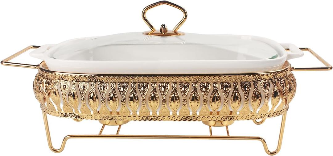 Ceramic Casserole Dish with Glass Lid and rack, 1.6 Quart Serving Soup Tureen,Chafing Dish for Buffet, Family Food Tray, Catering Casserole for Party Style,White 15.2 Inch Rectangular