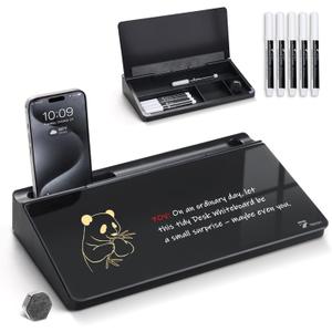 TOWON Small Compact Glass Desktop Whiteboard with Storage  12 x 7 in Dry Erase Board for Desk, Home Office, School | Includes 5 Markers, Eraser & Holder | Space-Saving Organizer, Aesthetic Black