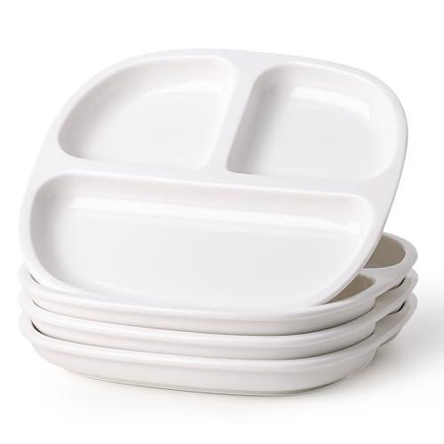 cikiciki 8.58" Square Ceramic Divided Plates - 4 Pack, Portion Control Plate for Rational Eating, White Dinner Plates, 3 Compartment Dinner Diet Plates for Kids, Microwave, Dishwasher Safe