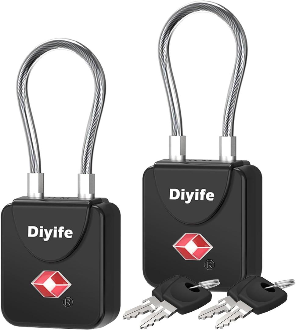 Luggage Locks with Key, [2 Pack] Diyife TSA Approved Luggage Locks, Suitcase Locks, Small TSA Travel Lock with Zinc Alloy Steel Cable Ideal for Backpacks, Bags, Toolbox, Case (Black)