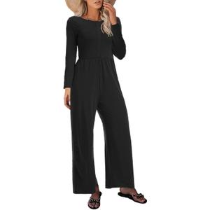Womens Casual Jumpsuits One Piece Loose Stretchy Long Sleeve Fall Jumpsuit Wide Leg Long Pants Rompers with Pockets (Black, L)