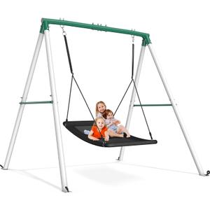 Trekassy Swing Sets for Backyard, 440lbs Heavy Duty A-Frame Metal Stand with 60" Large Platform Swing for Outdoor Playground ParkGreen/White Frame + Black Swing(Patented)