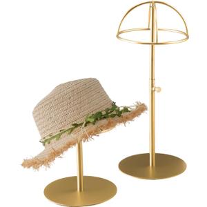Hat Display Stand 2PCS Stainless Steel Brushed Nickel Titanium Hat Stand Metal Golden Adjustable Height Cap Rack Showcase Fingerprint Resistant for Home Boutique Retail Store